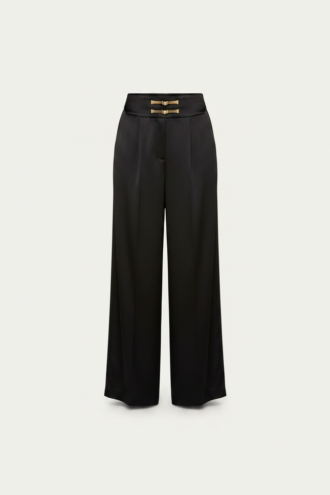 Pantalon Chinois Noir Ample Satiné Élégant Boucle Dorée - vue 3