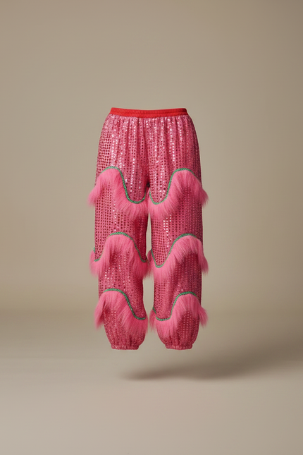 Pantalon Chinois Rose Pailleté Fluide Fourrure Fantaisie - Polyester - vue 3