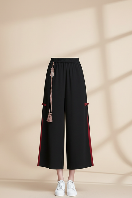 Pantalon Chinois Noir Ample Fendu Ethnique Femme - Polyester - vue 3