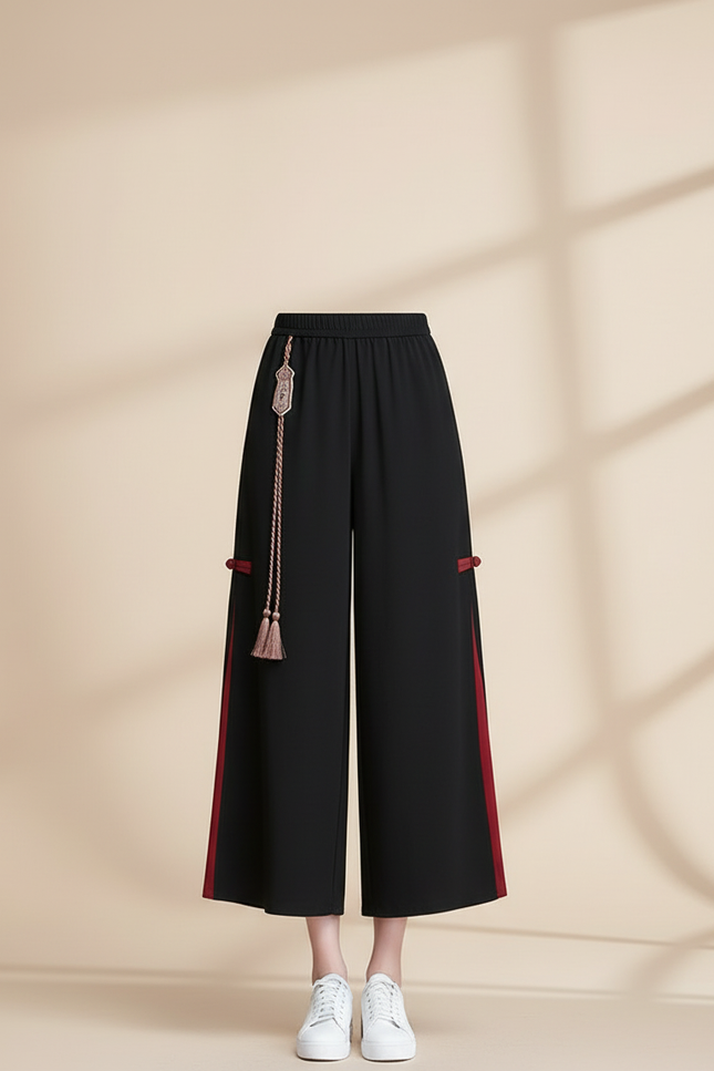Pantalon Chinois Noir Ample Fendu Ethnique Femme - Polyester - vue 3