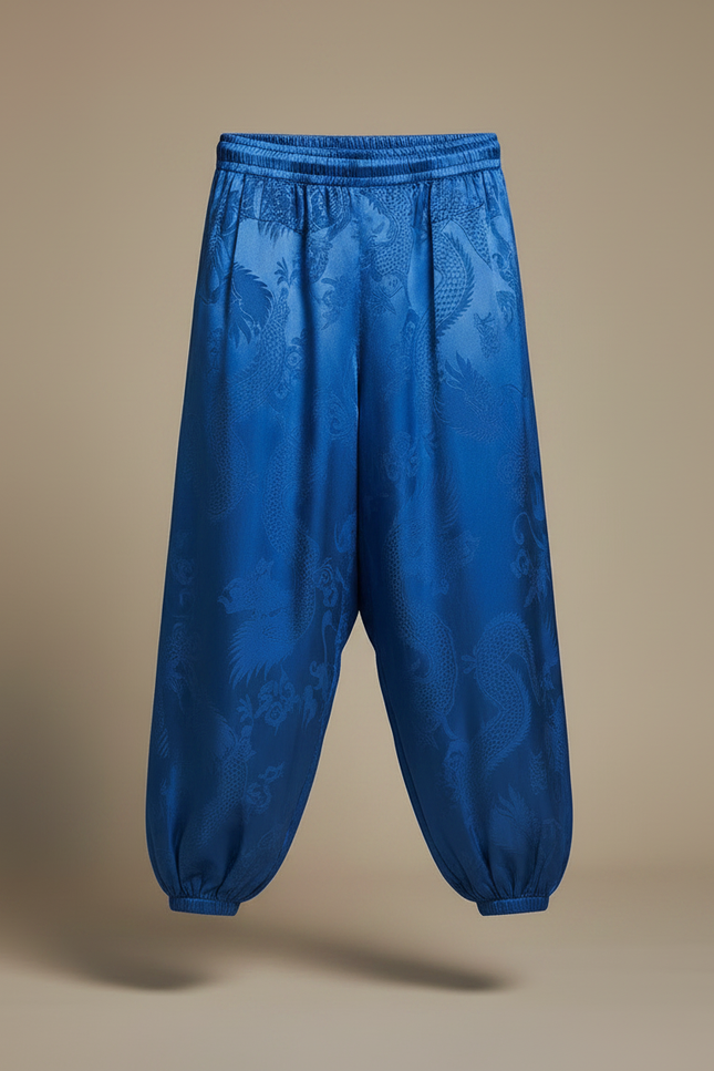 Pantalon Chinois Bleu Dragon Ample Soie Homme - vue 3