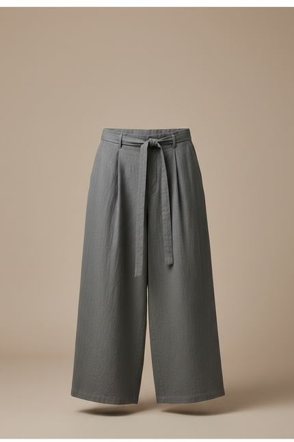 Pantalon Chinois Gris Ample Ceinture Coton Lin - vue 3