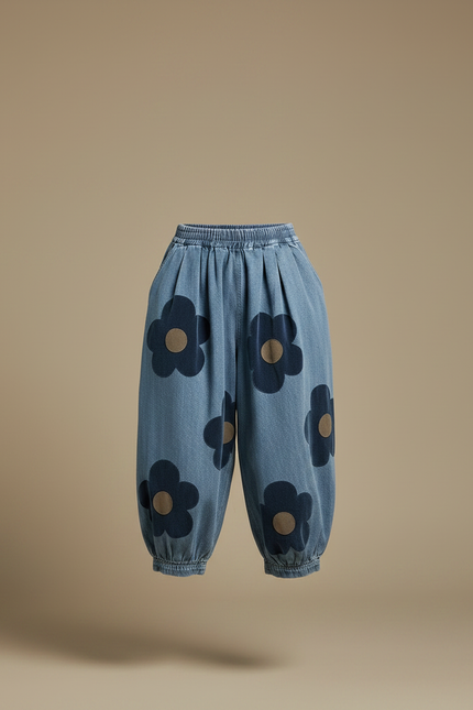 Pantalon Chinois Denim Fleuri Ample Bouffant Femme - Bleu Jean - vue 3