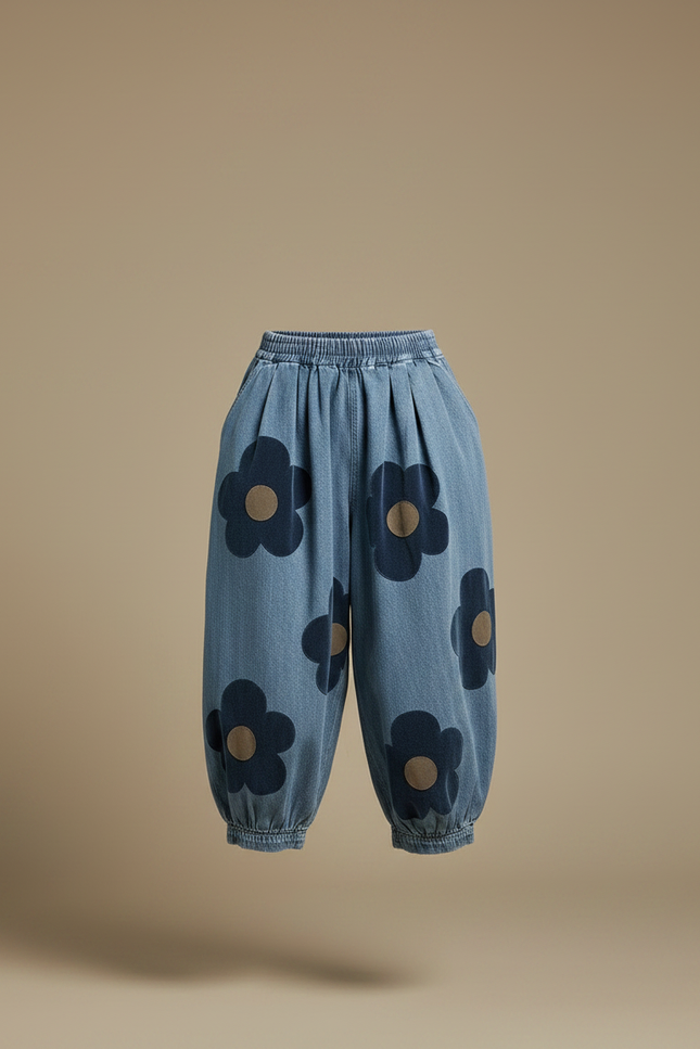 Pantalon Chinois Denim Fleuri Ample Bouffant Femme - Bleu Jean - vue 3