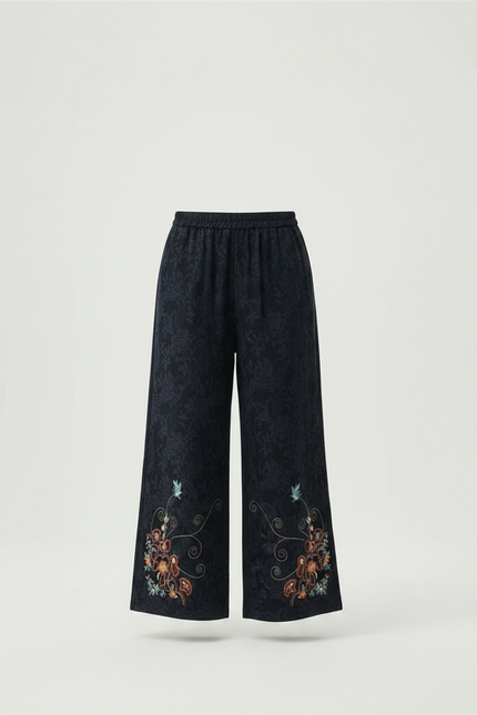 Pantalon Chinois Jacquard Brodé Ample Élastique Ethnique - Marine Viscose - vue 3