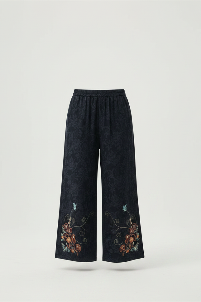 Pantalon Chinois Jacquard Brodé Ample Élastique Ethnique - Marine Viscose - vue 3
