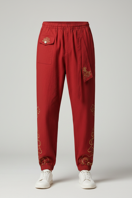 Pantalon Chinois Rouge Brodé Nuages Harem Coton - vue 3