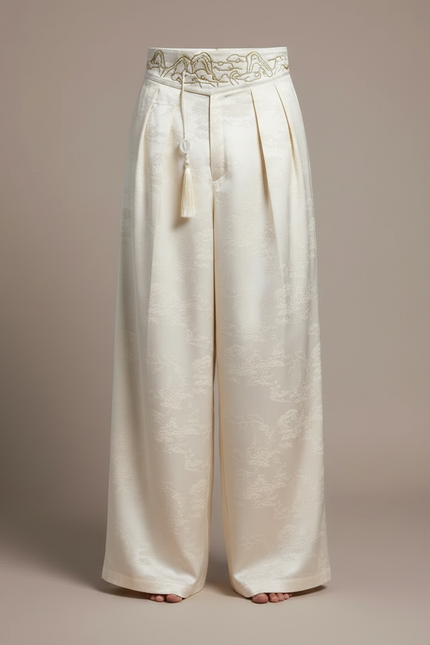 Pantalon Chinois Crème Satin Ample Jacquard Brodé - Blanc - vue 3