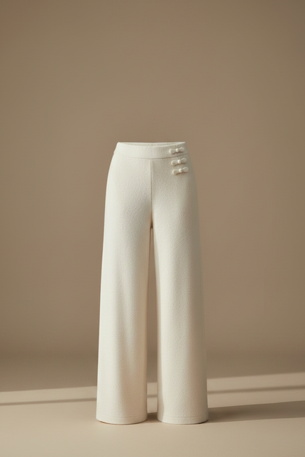Pantalon Chinois Crème Tricoté Ample Décontracté Élégant - Blanc Maille - vue 3