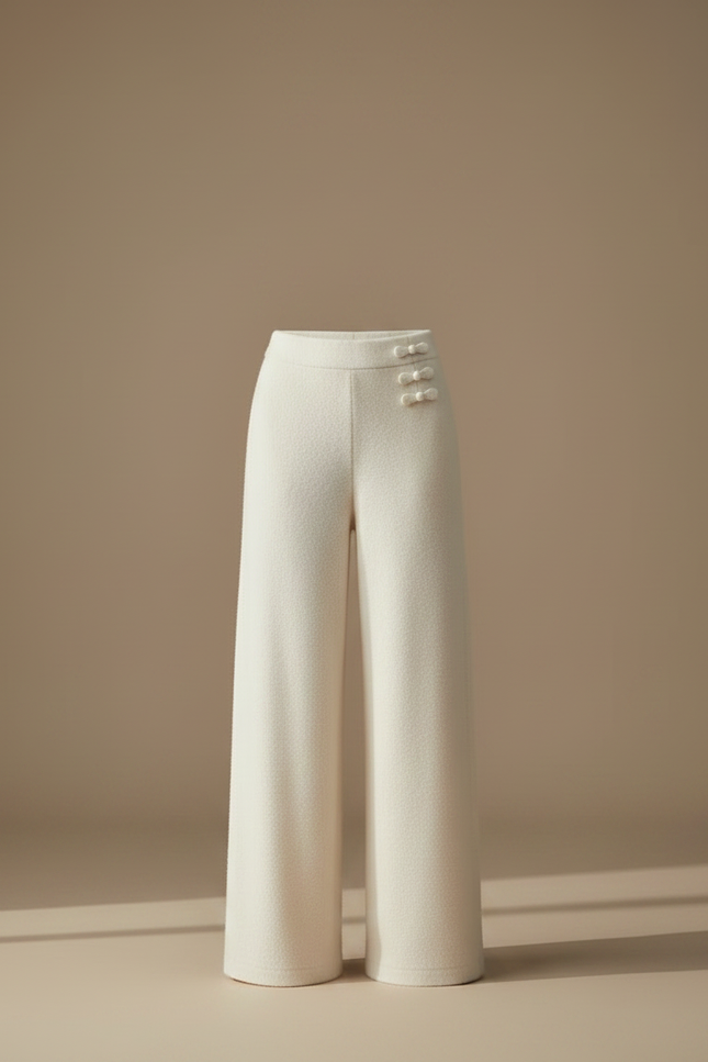 Pantalon Chinois Crème Tricoté Ample Décontracté Élégant - Blanc Maille - vue 3