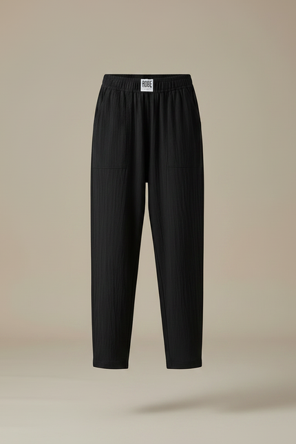 Pantalon Chinois Noir Ample Texturé Coton Décontracté - vue 3