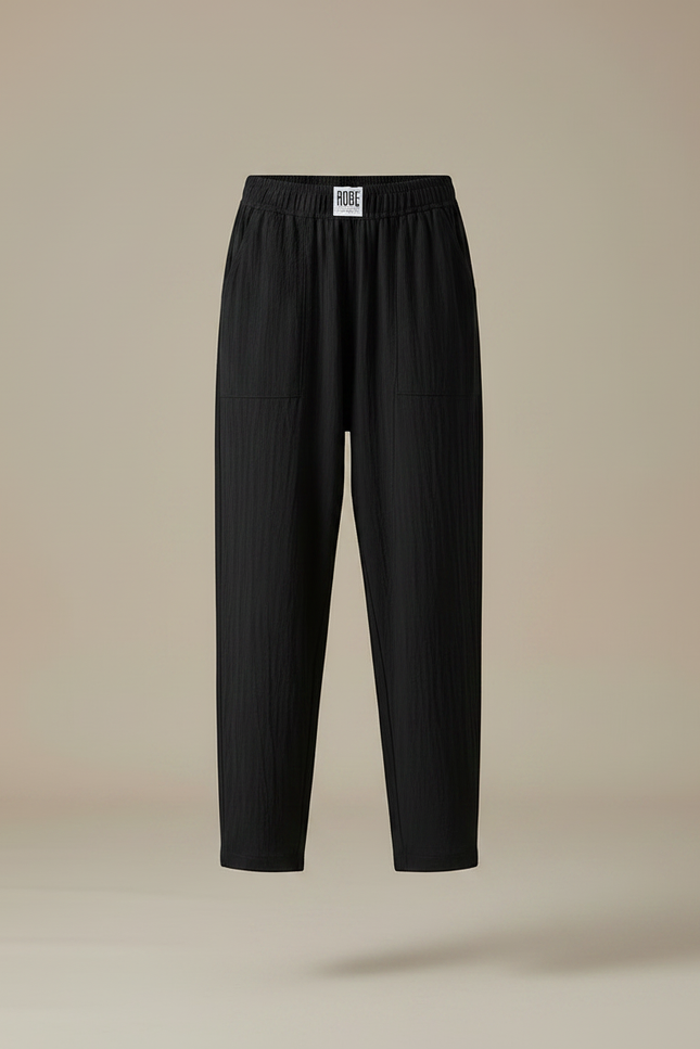 Pantalon Chinois Noir Ample Texturé Coton Décontracté - vue 3