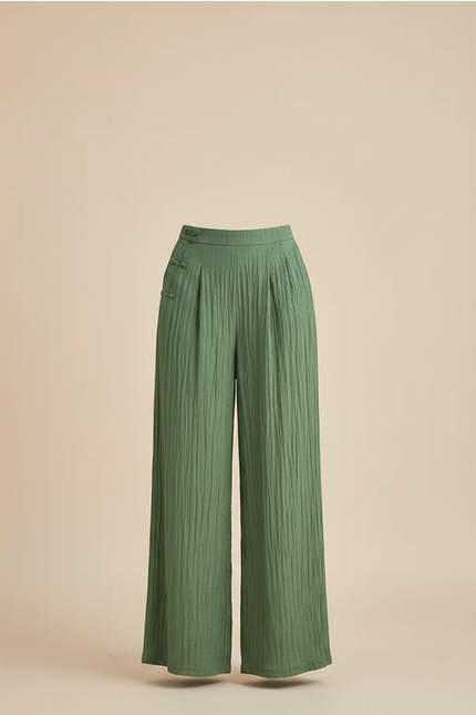 Pantalon Chinois Vert Ample Plissé Fluide Femme - Lin - vue 3