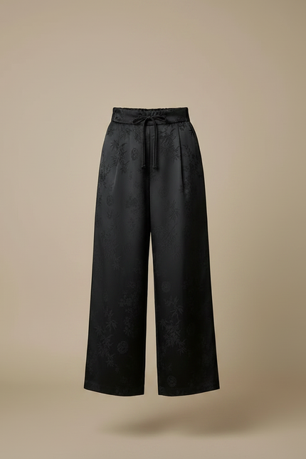 Pantalon Chinois Noir Satin Brodé Ample Fluide Élégant - vue 3