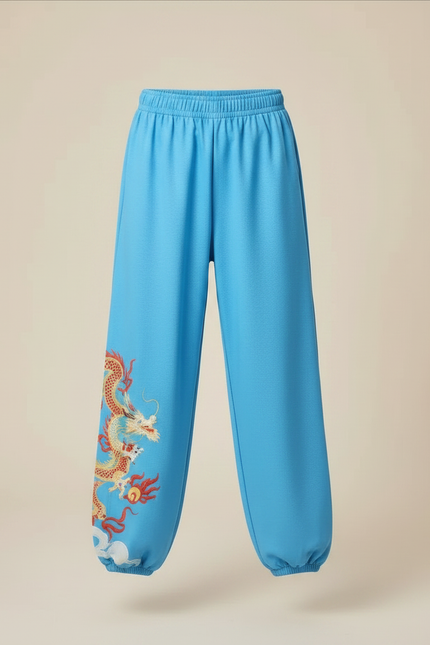 Pantalon Chinois Bleu Ample Dragon Brodé Enfant - Molleton - vue 3