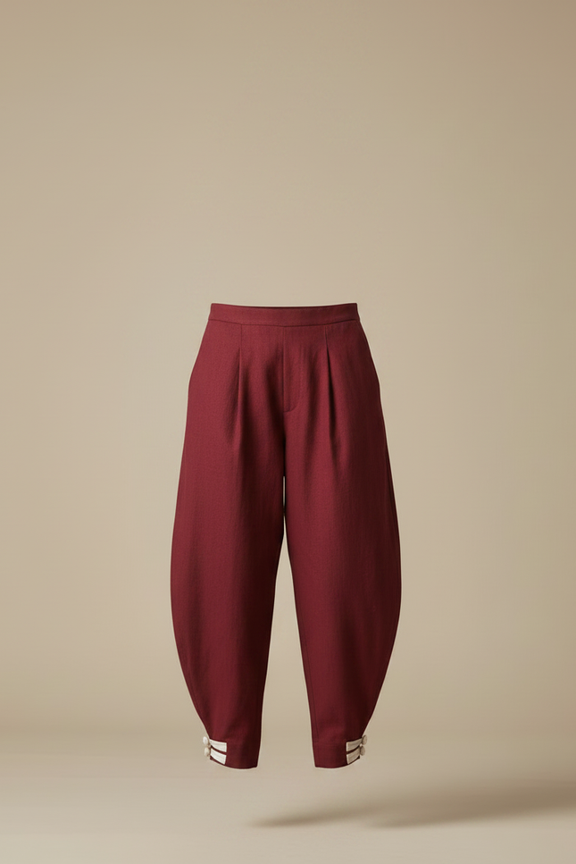 Pantalon Chinois Bordeaux Bouffant Plissé Coton Femme - vue 3