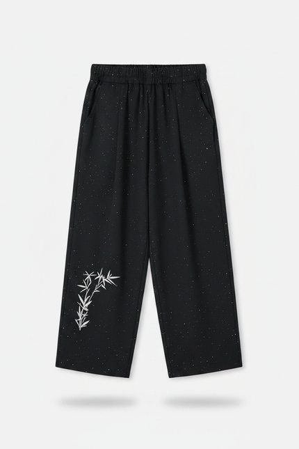 Pantalon Chinois Noir Ample Brodé Bambou Étoilé - Polyester - vue 2