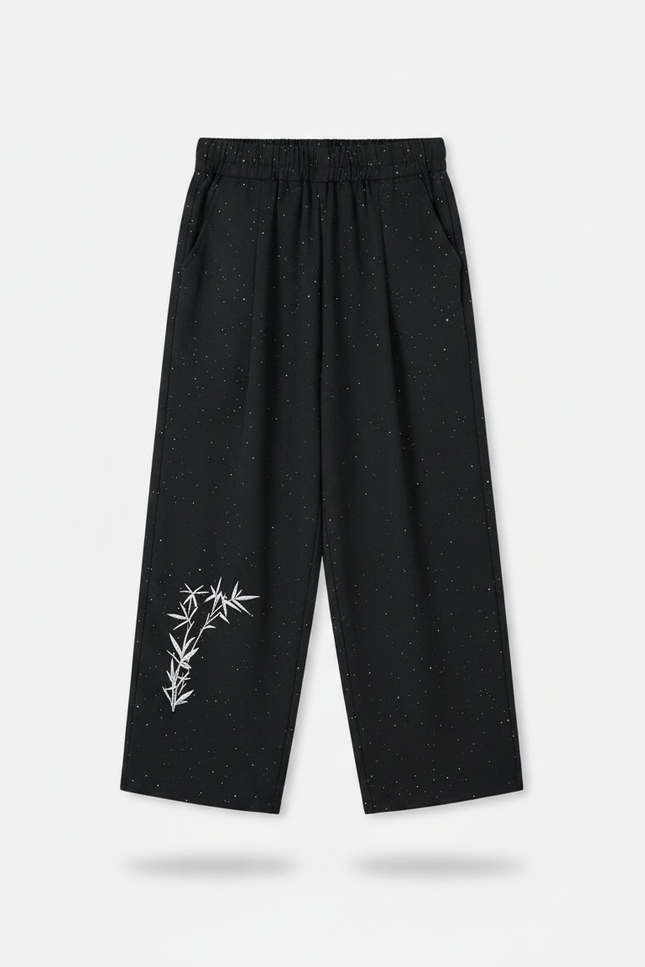 Pantalon Chinois Noir Ample Brodé Bambou Étoilé - Polyester - vue 2