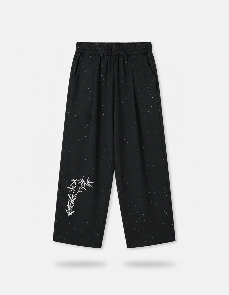 Pantalon Chinois Noir Ample Brodé Bambou Étoilé - Polyester - vue 2