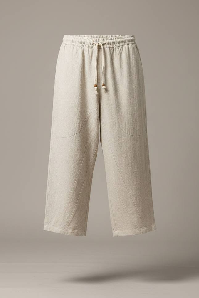 Pantalon Chinois Lin Coton Court Ample Homme - Beige - vue 3