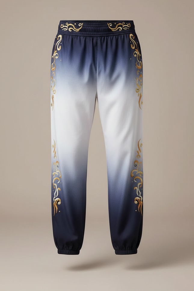 Pantalon Chinois Dégradé Bleu Ornement Doré Fluide - Satin - vue 3
