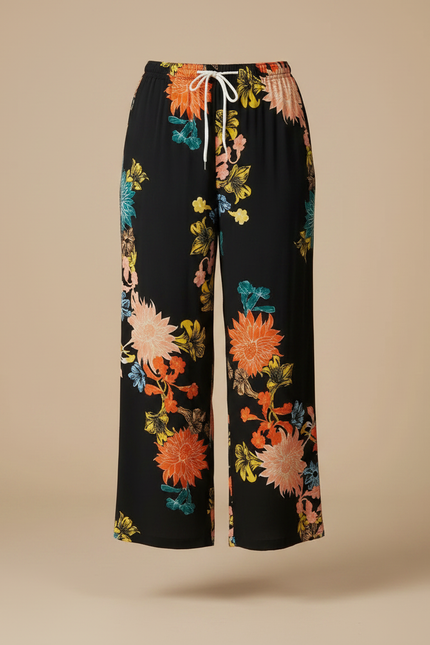 Pantalon Chinois Noir Floral Ample Fluide Cordon Élégant - Imprimé Viscose - vue 3