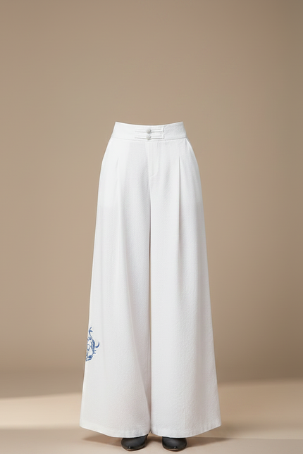 Pantalon Chinois Blanc Ample Brodé Femme - Laine - vue 3