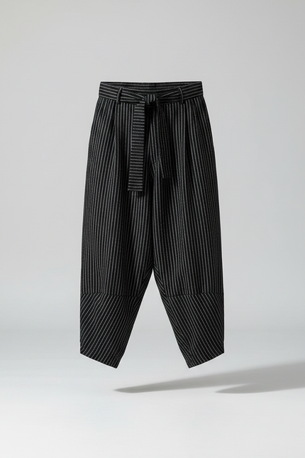 Pantalon Chinois Noir Rayé Ample Coton Lin - vue 3