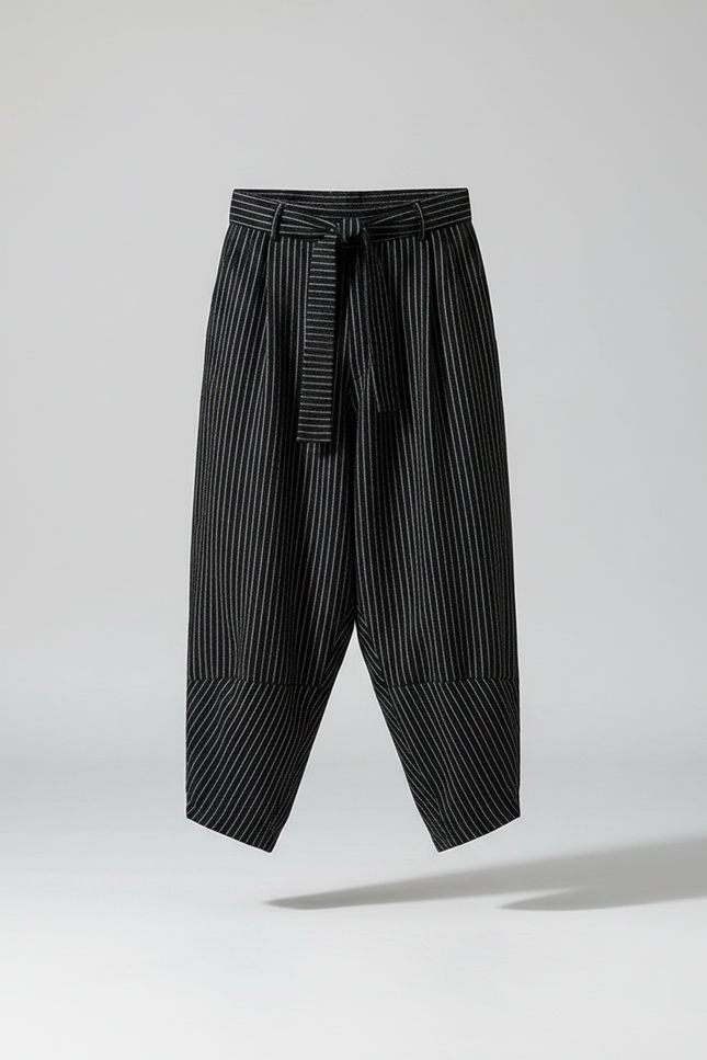 Pantalon Chinois Noir Rayé Ample Coton Lin - vue 3