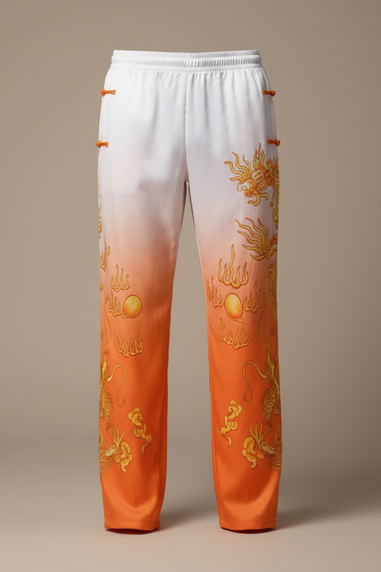 Pantalon Chinois Dégradé Orange Dragon Doré Satiné Homme - vue 3