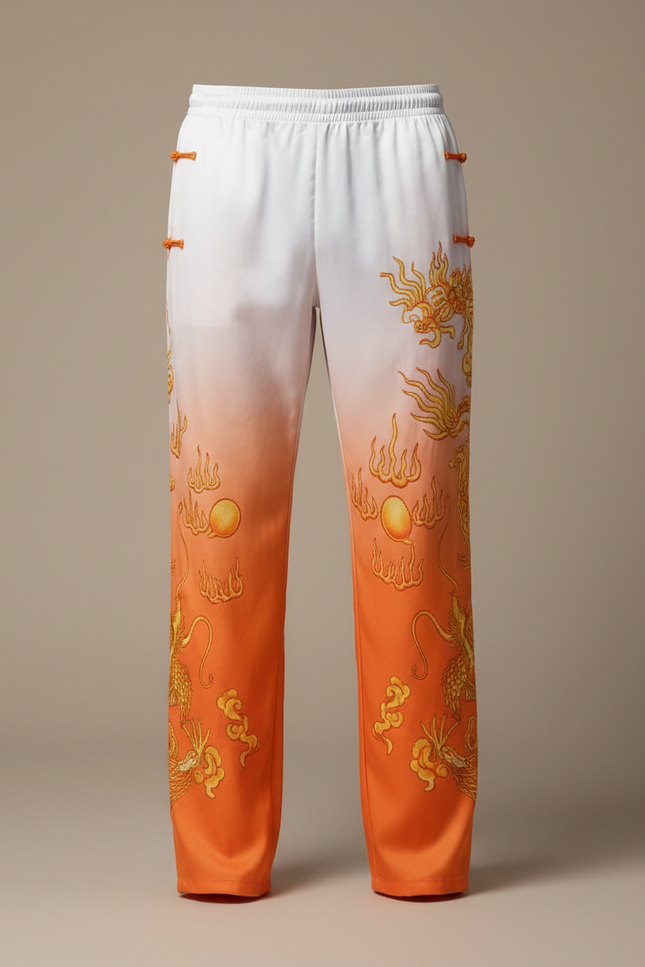 Pantalon Chinois Dégradé Orange Dragon Doré Satiné Homme - vue 3