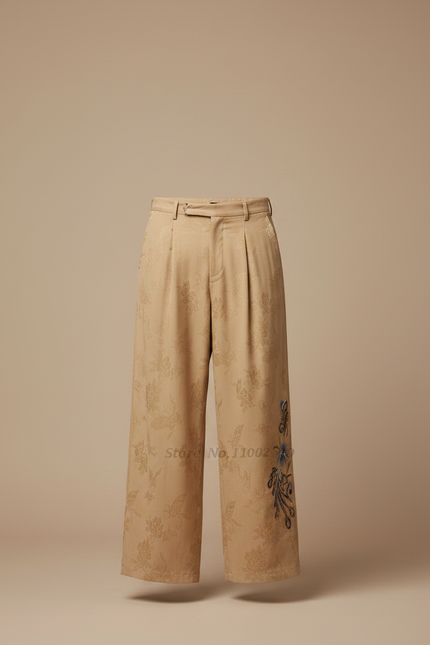 Pantalon Chinois Beige Brodé Jacquard Ample Vintage - Polyester - vue 3