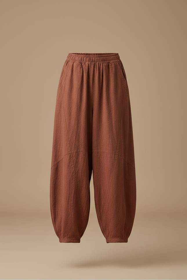 Pantalon Chinois Marron Ample Coton Lin Vintage Harem - vue 3