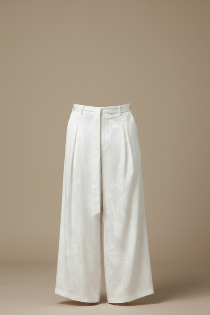 Pantalon Chinois Blanc Ample Jacquard Dragon Soie Ceinturé - vue 3