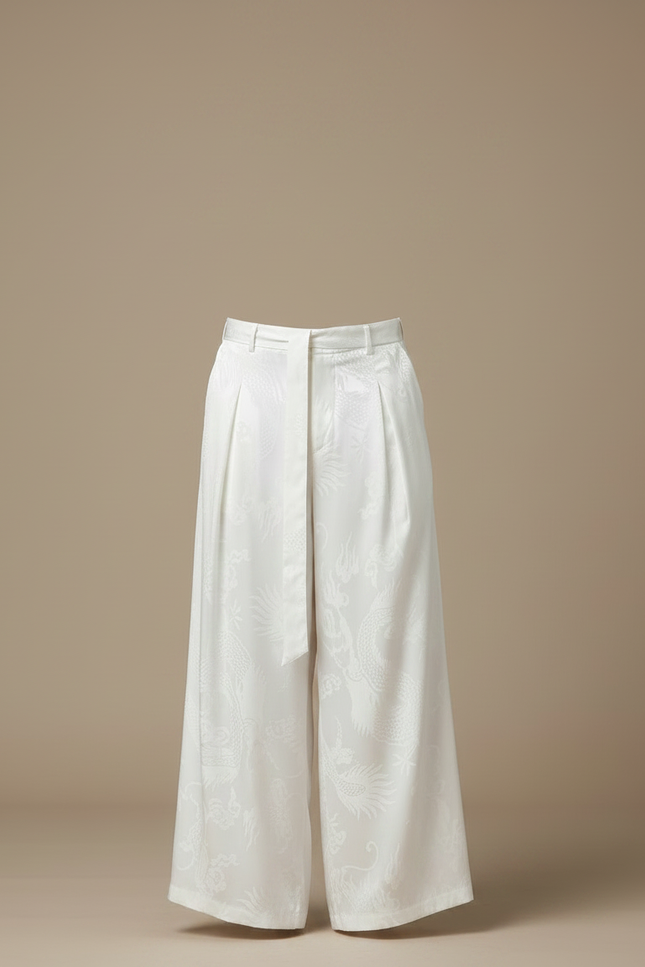Pantalon Chinois Blanc Ample Jacquard Dragon Soie Ceinturé - vue 3