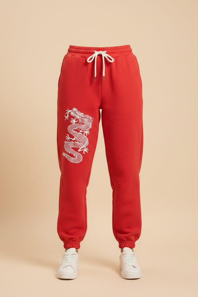 Pantalon Chinois Rouge Dragon Molletonné Ample Décontracté - vue 3