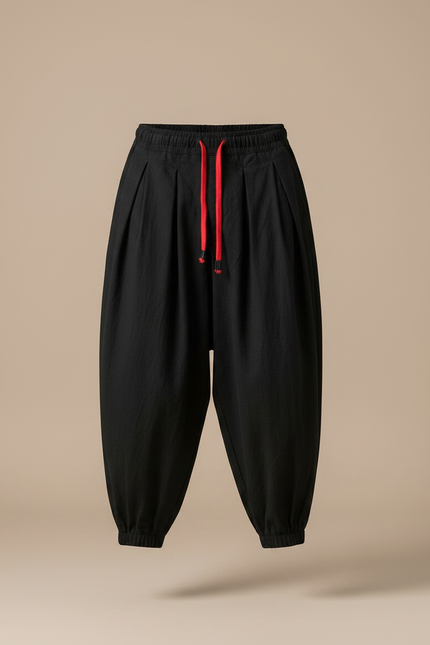 Pantalon Chinois Noir Ample Cordon Rouge Homme - Lin - vue 3