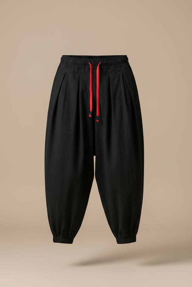 Pantalon Chinois Noir Ample Cordon Rouge Homme - Lin - vue 3