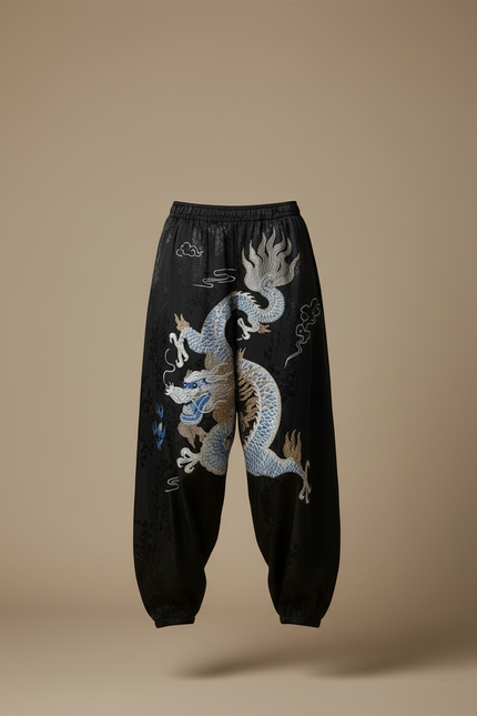 Pantalon Chinois Noir Brodé Dragon Ample Satin Femme - vue 3