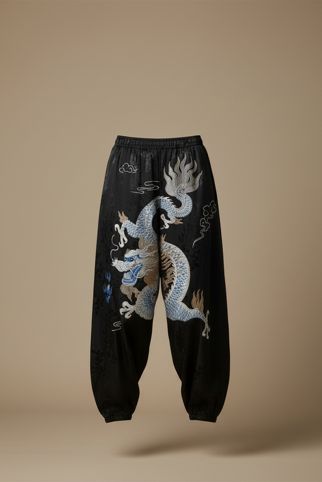 Pantalon Chinois Noir Brodé Dragon Ample Satin Femme - vue 3