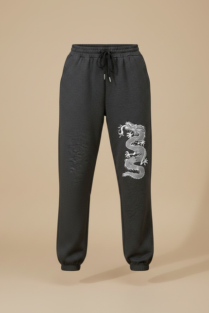 Pantalon Chinois Gris Dragon Imprimé Jogger Décontracté - Molleton - vue 3