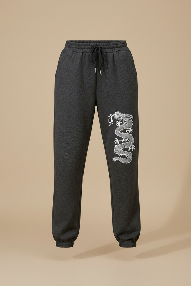 Pantalon Chinois Gris Dragon Imprimé Jogger Décontracté - Molleton - vue 3