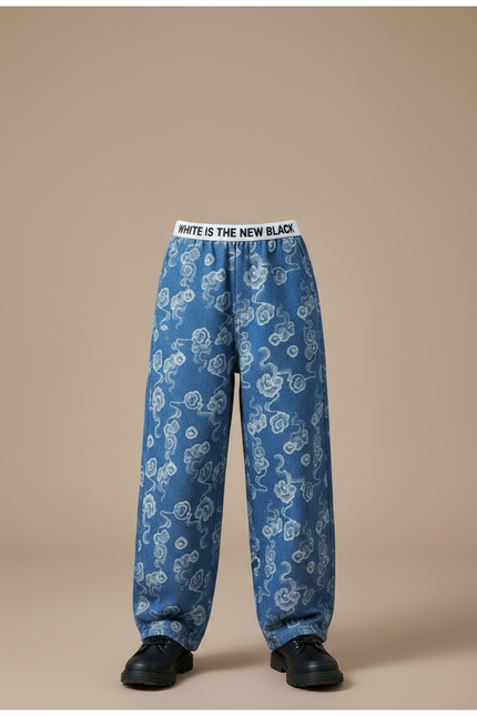 Pantalon Chinois Denim Ample Nuages Imprimés Décontracté Garçon - Bleu Jean - vue 3
