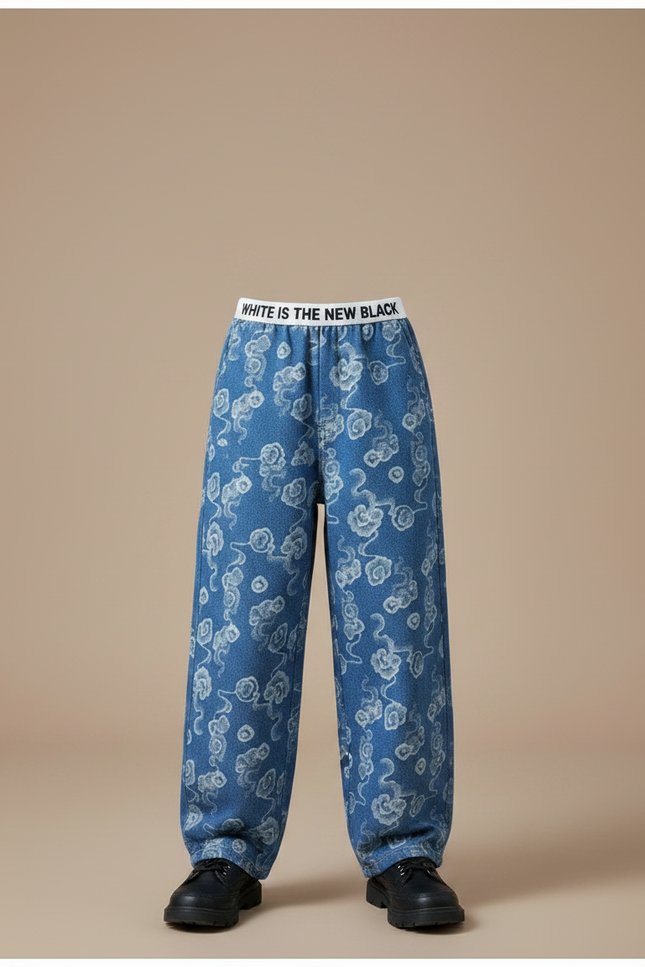 Pantalon Chinois Denim Ample Nuages Imprimés Décontracté Garçon - Bleu Jean - vue 3