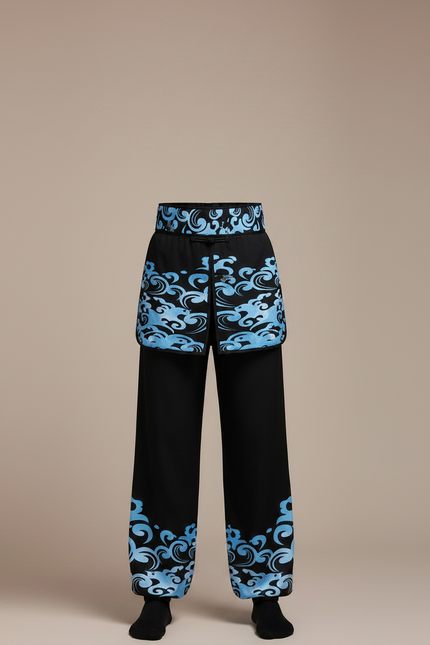 Pantalon Chinois Noir Ample Motifs Vagues Bleues - Polyester - vue 3