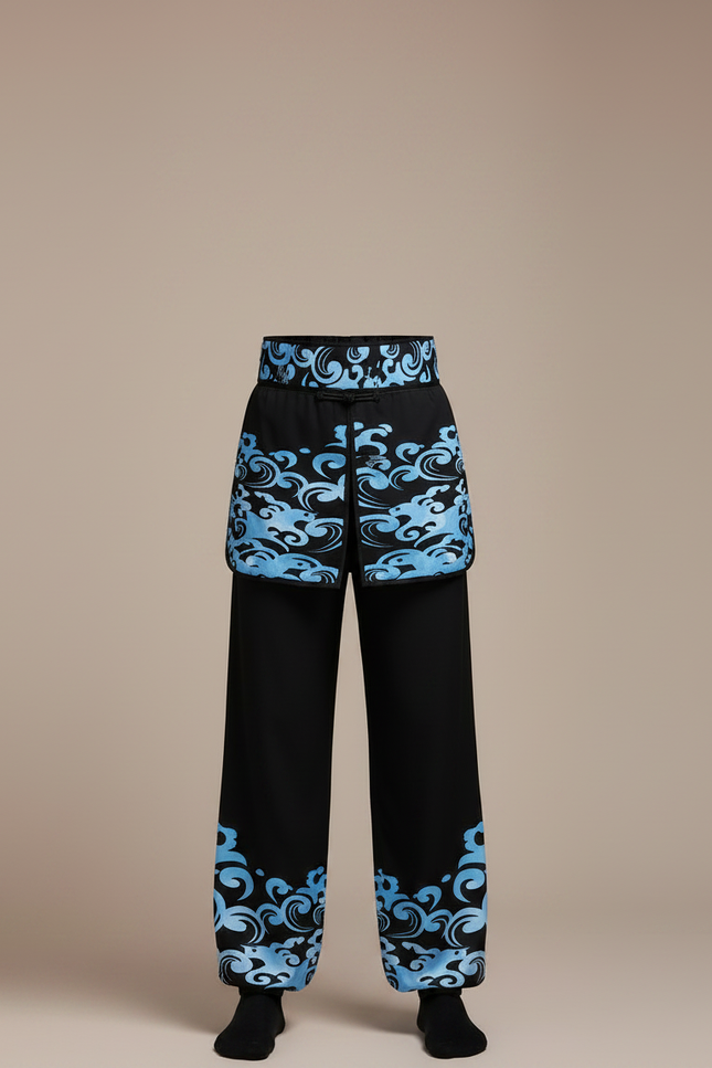 Pantalon Chinois Noir Ample Motifs Vagues Bleues - Polyester - vue 3