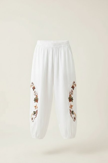 Pantalon Chinois Blanc Bouffant Brodé Floral Enfant - Lin - vue 3