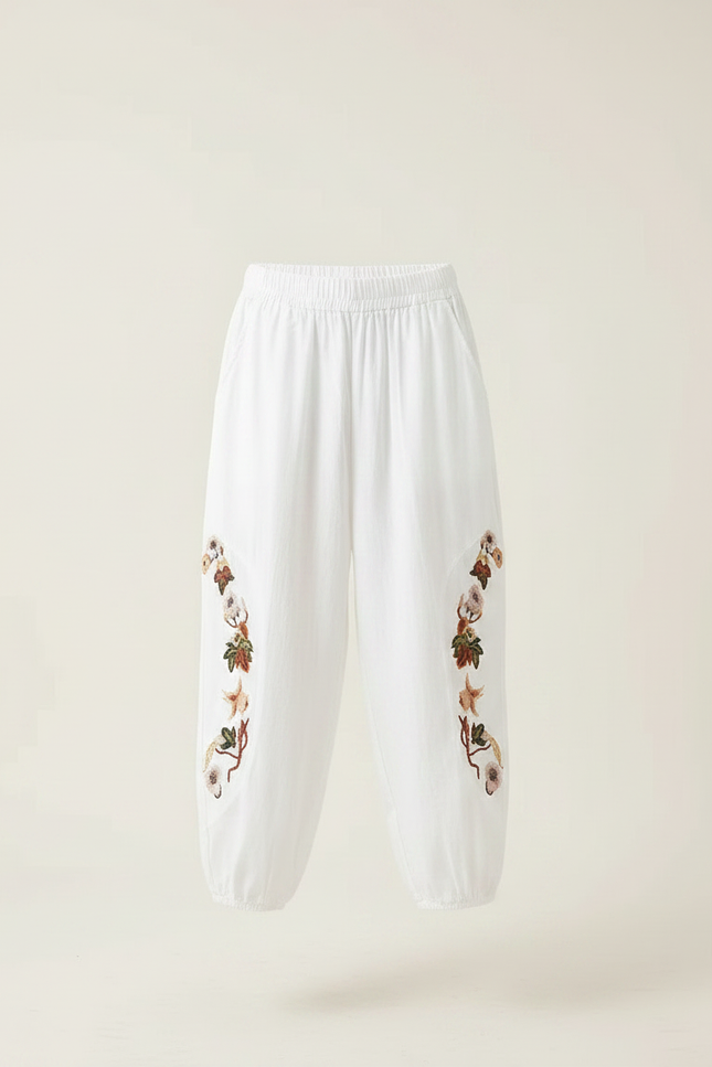 Pantalon Chinois Blanc Bouffant Brodé Floral Enfant - Lin - vue 3