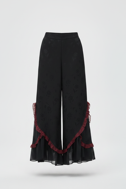 Pantalon Chinois Noir Jacquard Ample Volants Rouges - Satin - vue 3