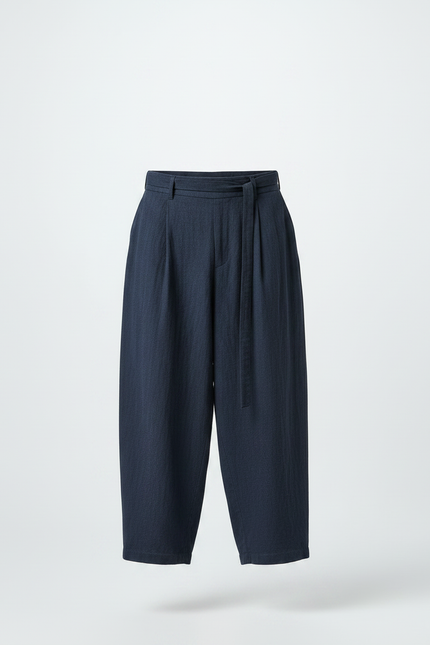Pantalon Chinois Bleu Marine Ample Coton Lin Ceinturé - vue 3